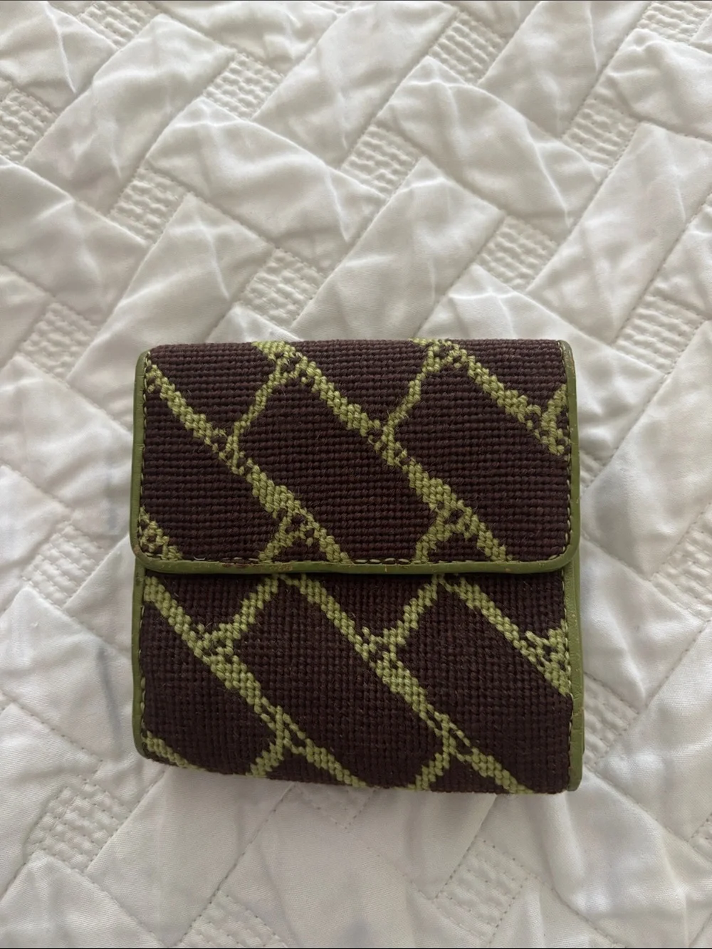 Brown and Green Textured Needlepoint Bifold Wallet